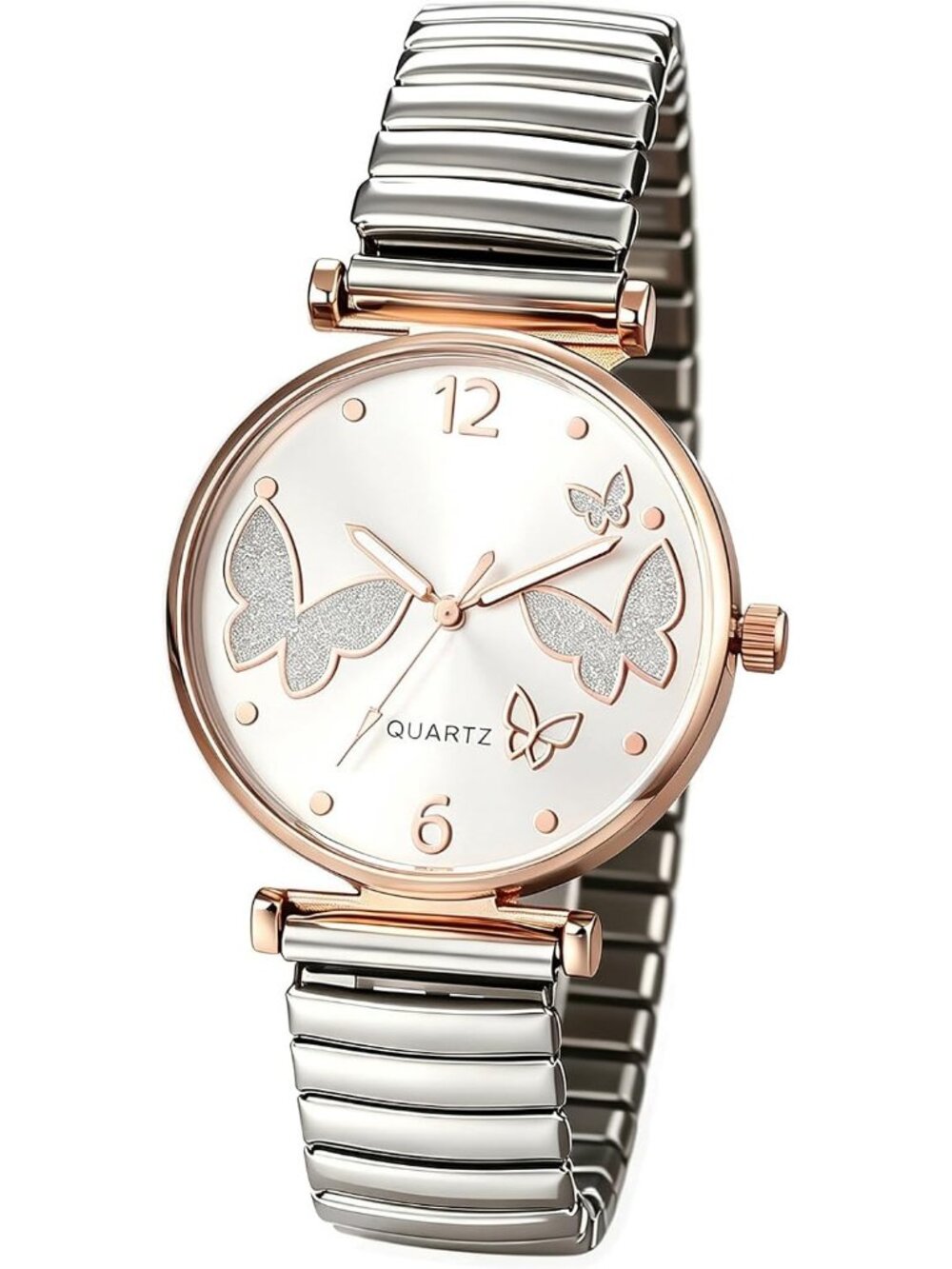 Women's Silver Elastic Bangle Butterfly Stainless Steel Expansion Strap Watches